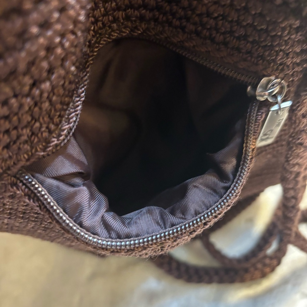The Sak OMG Mini Backpack Chocolate Brown Crochet Knit Drawstring Pockets Boho - Picture 6 of 16